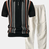 Stripe Knit Zip Up Polo Shirt & Straight Leg Linen Pants Set