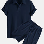Short Sleeved Waffle Polo & Drawstring Knitted Waffle Shorts Set