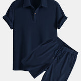 Short Sleeved Waffle Polo & Drawstring Knitted Waffle Shorts Set