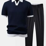 Contrast Textured Johnny Collar Knit Polo & Tapered Trousers Set