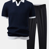 Contrast Textured Johnny Collar Knit Polo & Tapered Trousers Set