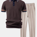 Contrast Stripe Trim Waffle Knit Polo & Slim Fit Tapered Trousers Set