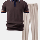 Contrast Stripe Trim Waffle Knit Polo & Slim Fit Tapered Trousers Set