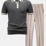 Contrast Trim Knit Polo Shirt & Slim Fit Tapered Trousers Set