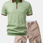 Contrast Trim Textured Zipper Knit Polo & Chino Shorts Set