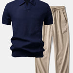 Textured Johnny Collar Crocheted Knit Polo & Crinkle Textured Pants Set