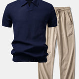 Textured Johnny Collar Crocheted Knit Polo & Crinkle Textured Pants Set