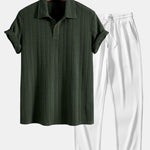 Short Sleeve Jacquard Polo & Straight Leg Ribbed Pants Set