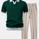 Contrast Trim Ribbed Johnny Collar Knit Polo & Tapered Trousers Set