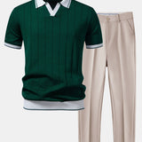 Contrast Trim Ribbed Johnny Collar Knit Polo & Tapered Trousers Set