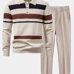 Long Sleeve Stripe Knit Polo Shirt & Slim Fit Tapered Trousers Set