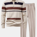 Long Sleeve Stripe Knit Polo Shirt & Slim Fit Tapered Trousers Set