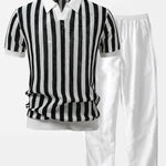 Stripe Johnny Collar Open Knit Polo & Straight Leg Linen Pants Set