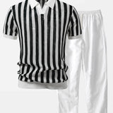 Stripe Johnny Collar Open Knit Polo & Straight Leg Linen Pants Set