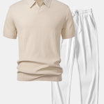 Wave Jacquard Knit V Neck Polo Shirt & Straight Leg Ribbed Pants Set