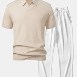 Wave Jacquard Knit V Neck Polo Shirt & Straight Leg Ribbed Pants Set