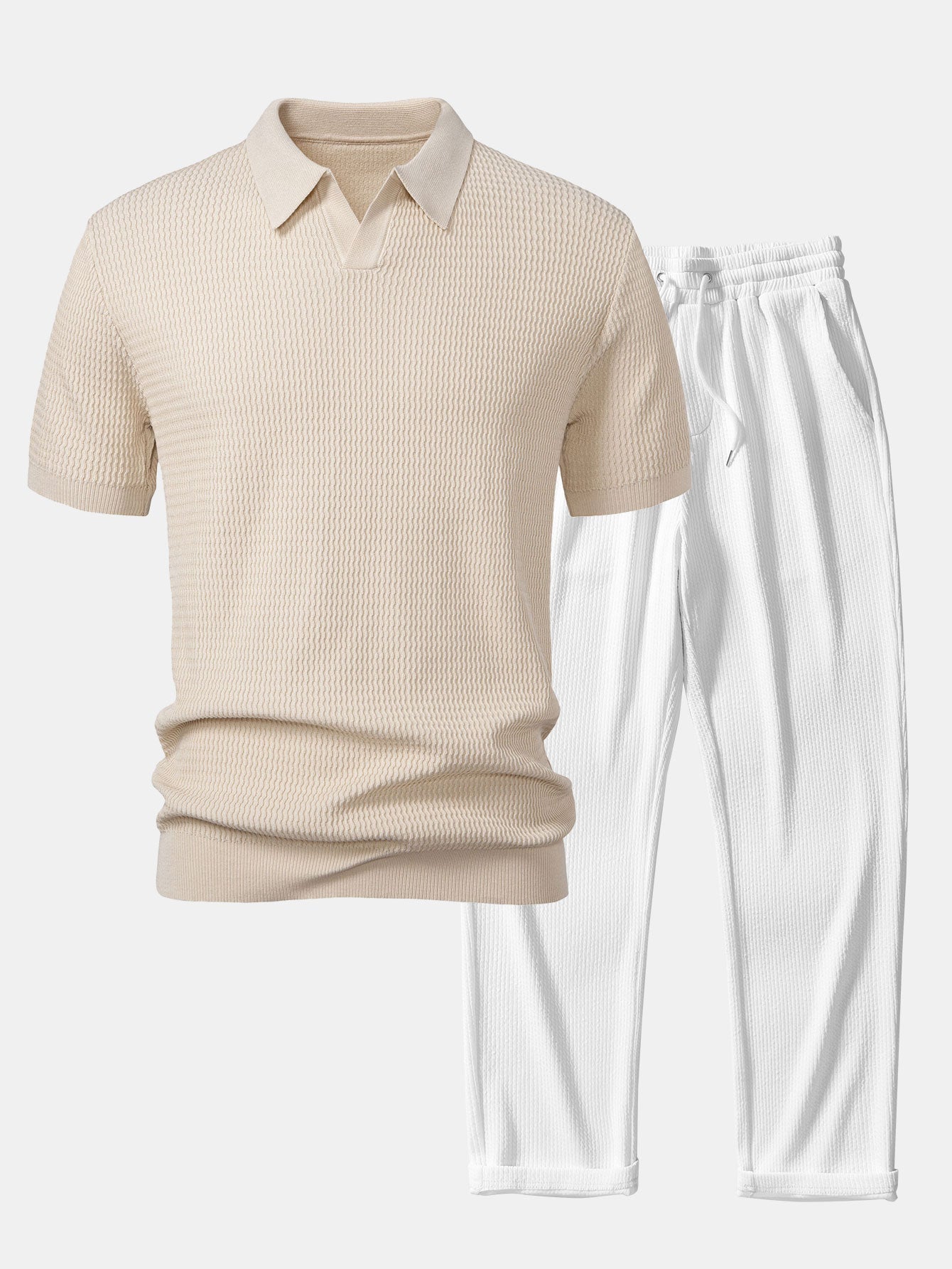 Wave Jacquard Knit V Neck Polo Shirt & Straight Leg Ribbed Pants Set