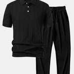 Stripe Jacquard Knit Polo Shirt & Straight Leg Ribbed Pants Set