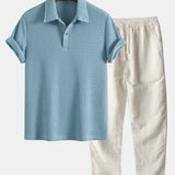 Short Sleeved Waffle Polo & Straight Leg Linen Pants Set