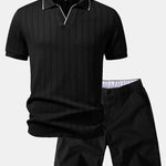 Geometric Jacquard Johnny Collar Polo & Elastic Waist Chino Shorts Set