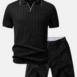 Geometric Jacquard Johnny Collar Polo & Elastic Waist Chino Shorts Set