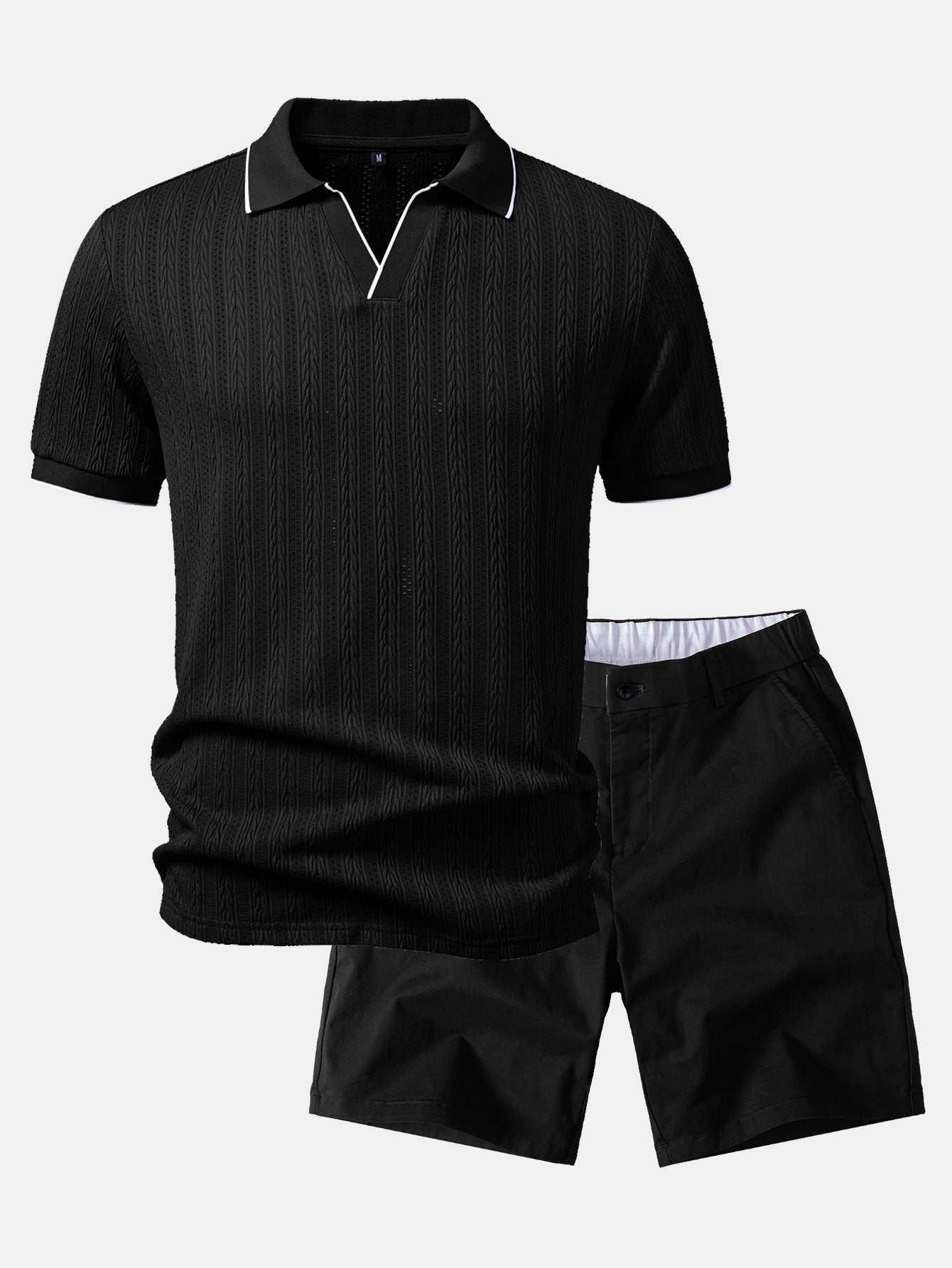 Geometric Jacquard Johnny Collar Polo & Elastic Waist Chino Shorts Set