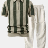 Striped Eyelet Knit Zip Up Polo Shirt & Straight Leg Linen Pants Set