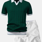 Contrast Trim Ribbed Johnny Collar Knit Polo & Chino Shorts Set
