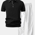 Linen Stripe Open Knit Polo & Straight Leg Linen Pants Set