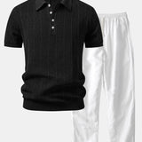 Linen Stripe Open Knit Polo & Straight Leg Linen Pants Set