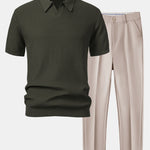 Wave Jacquard Knit V Neck Polo Shirt & Slim Fit Tapered Trousers Set