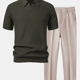 Wave Jacquard Knit V Neck Polo Shirt & Slim Fit Tapered Trousers Set