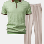 Contrast Trim Textured Zipper Knit Polo & Tapered Trousers Set