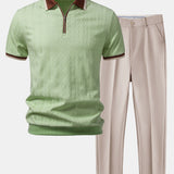 Contrast Trim Textured Zipper Knit Polo & Tapered Trousers Set