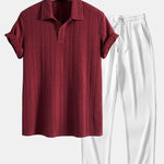 Short Sleeve Jacquard Polo & Straight Leg Ribbed Pants Set