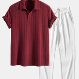 Short Sleeve Jacquard Polo & Straight Leg Ribbed Pants Set
