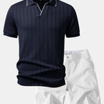 Geometric Jacquard Johnny Collar Polo & Elastic Waist Chino Shorts Set