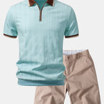 Contrast Trim Textured Zipper Knit Polo & Chino Shorts Set