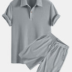 Short Sleeved Waffle Polo & Drawstring Knitted Waffle Shorts Set