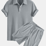Short Sleeved Waffle Polo & Drawstring Knitted Waffle Shorts Set