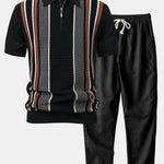 Stripe Knit Zip Up Polo Shirt & Straight Leg Linen Pants Set