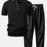 Linen Stripe Open Knit Polo & Straight Leg Linen Pants Set