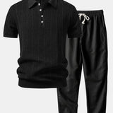 Linen Stripe Open Knit Polo & Straight Leg Linen Pants Set