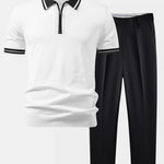 Contrast Trim Zipper Knit Polo & Slim Fit Tapered Trousers Set