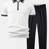 Contrast Trim Zipper Knit Polo & Slim Fit Tapered Trousers Set