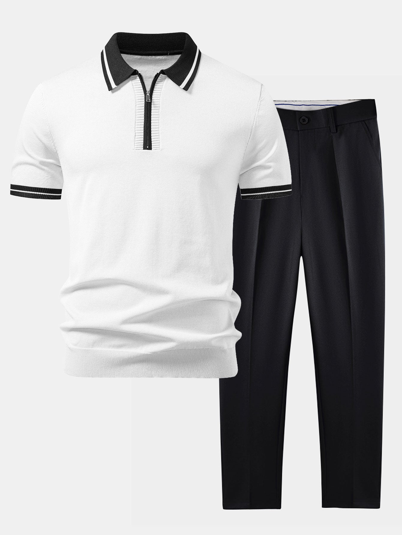 Contrast Trim Zipper Knit Polo & Slim Fit Tapered Trousers Set