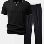 Geometric Jacquard Johnny Collar Polo & Slim Fit Tapered Trousers Set