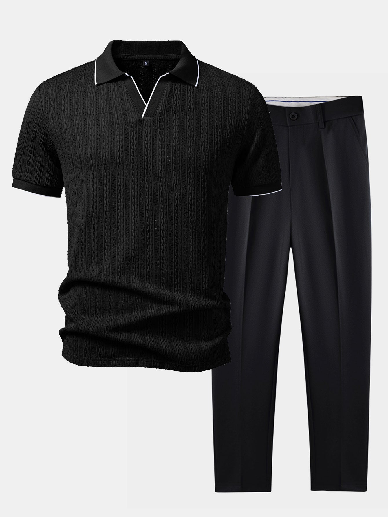 Geometric Jacquard Johnny Collar Polo & Slim Fit Tapered Trousers Set