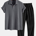 Short Sleeve Jacquard Polo & Straight Leg Ribbed Pants Set