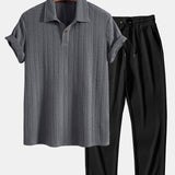 Short Sleeve Jacquard Polo & Straight Leg Ribbed Pants Set